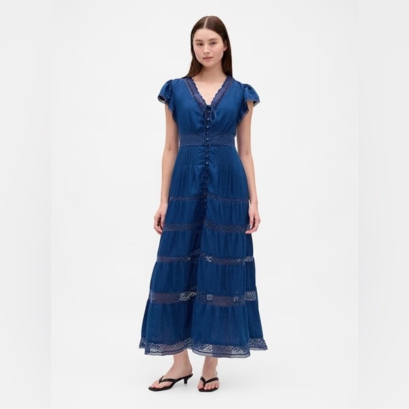 GAP Dresses & Skirts - NWT! Gap Medium Indigo Lace-Trim Cottagecore Midi Dress 📎